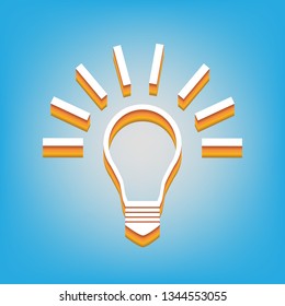Light lamp sign. Vector. White icon with 3d warm-colored gradient body at sky blue background.