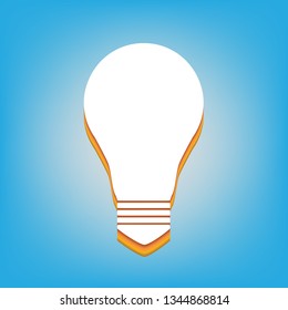 Light lamp sign. Vector. White icon with 3d warm-colored gradient body at sky blue background.