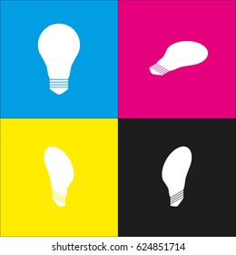 Light lamp sign. Vector. White icon with isometric projections on cyan, magenta, yellow and black backgrounds.