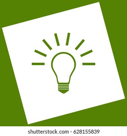 Light lamp sign. Vector. White icon obtained as a result of subtraction rotated square and path. Avocado background.
