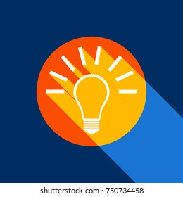 Light lamp sign. Vector. White icon on tangelo circle with infinite shadow of light at cool black background. Selective yellow and bright navy blue are produced.