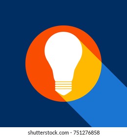 Light lamp sign. Vector. White icon on tangelo circle with infinite shadow of light at cool black background. Selective yellow and bright navy blue are produced.