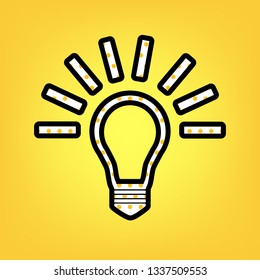 Light lamp sign. Vector. Yellow polka dot white icon with black contour at warm yellow background.