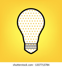 Light lamp sign. Vector. Yellow polka dot white icon with black contour at warm yellow background.