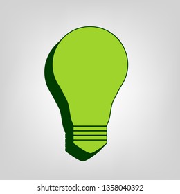 Light lamp sign. Vector. Yellow green solid icon with dark green external body at light colored background.