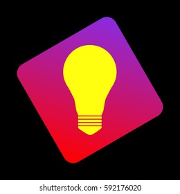 Light lamp sign. Vector. Yellow icon at violet-red gradient square with rounded corners rotated for dynamics on black background.