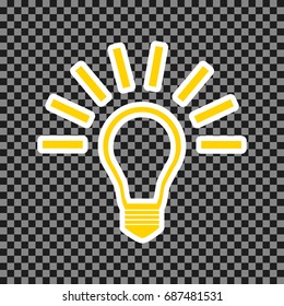 Light lamp sign. Vector. Yellow icon with white contour on dark transparent background.
