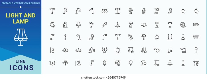 Light And Lamp vector icon set. Contains related to electricity, lightbulb, illumination, spotlight and more. Lightbulb icon set. Icons for application. Editable stroke. Pixel Perfect.
