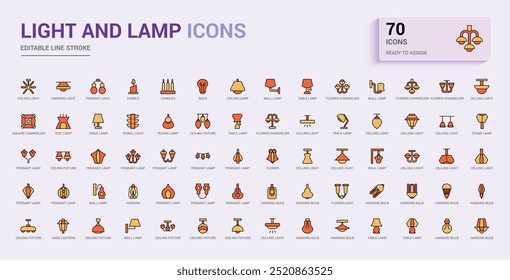 Light and lamps colorful icons set. Set of ceiling light. Outline icon collection, line symbol for web and ui. Vector illustration. Icon names are written in English.