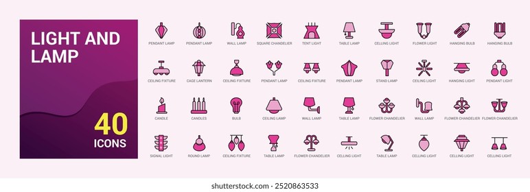 Light and lamps colorful icons set. Set of ceiling light. Outline icon collection, line symbol for web and ui. Vector illustration. Icon names are written in English.