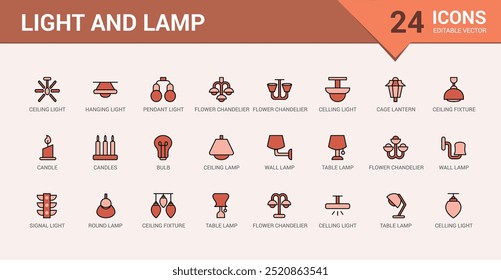 Light and lamps colorful icons set. Set of ceiling light. Outline icon collection, line symbol for web and ui. Vector illustration. Icon names are written in English.
