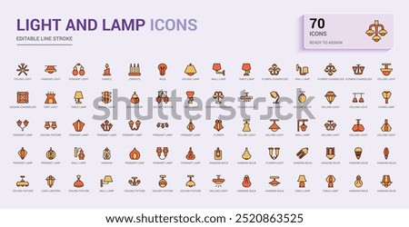 Light and lamps colorful icons set. Set of ceiling light. Outline icon collection, line symbol for web and ui. Vector illustration. Icon names are written in English.