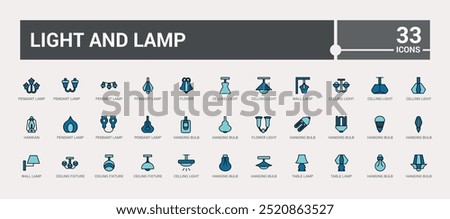 Light and lamps colorful icons set. Set of ceiling light. Outline icon collection, line symbol for web and ui. Vector illustration. Icon names are written in English.