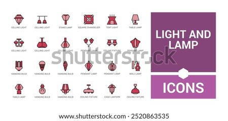 Light and lamps colorful icons set. Set of ceiling light. Outline icon collection, line symbol for web and ui. Vector illustration. Icon names are written in English.