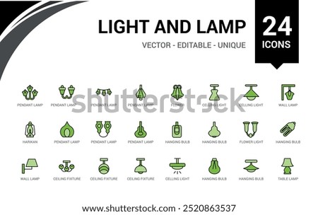 Light and lamps colorful icons set. Set of ceiling light. Outline icon collection, line symbol for web and ui. Vector illustration. Icon names are written in English.