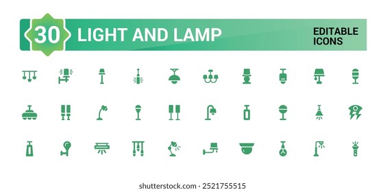 Luz e lâmpadas ícones sólidos conjunto. Conjunto de lâmpada, holofote, luz de rua ícone preenchido conjunto. glifo para web e ui. Conjunto de ícones de lâmpada sólido. Ilustração vetorial.