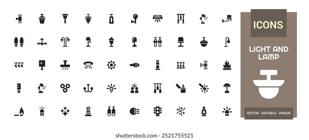 Light and lamps solid icons set. Set of Light bulb, spotlight, street light filled icon set. glyph for web and ui. Solid lamp icon set. Vector illustration.