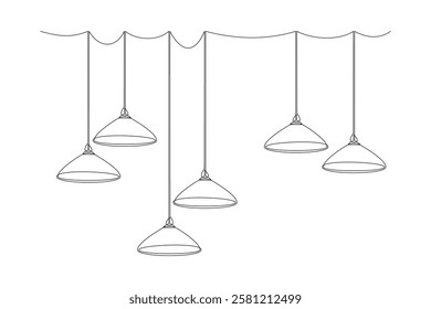 Light lampshades set, ceiling lights, lamps, drawn with continuous line in minimalism, abstract, concept of indoor lighting, apartment design, chandelier, bulbs, one line, editable vector contour