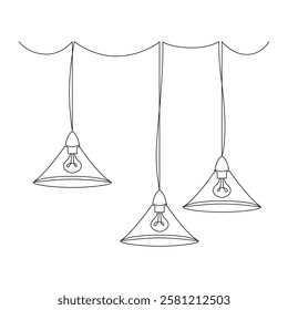 Light lampshades set, ceiling lights, lamps, drawn with continuous line in minimalism, abstract, concept of indoor lighting, apartment design, chandelier, bulbs, one line, editable vector contour