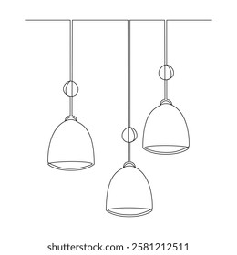 Light lampshades set, ceiling lights, lamps, drawn with continuous line in minimalism, abstract, concept of indoor lighting, apartment design, chandelier, bulbs, one line, editable vector contour