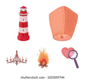 A light lantern, a lighthouse, a fire, a chandelier with candles. Light source set collection icons in cartoon style vector symbol stock illustration web.