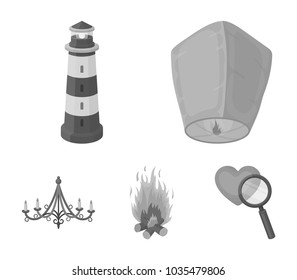 A light lantern, a lighthouse, a fire, a chandelier with candles.Light source set collection icons in monochrome style vector symbol stock illustration web.