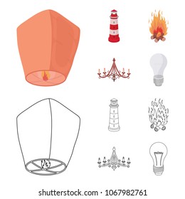 A light lantern, a lighthouse, a fire, a chandelier with candles.Light source set collection icons in cartoon,outline style vector symbol stock illustration web.