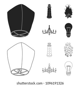 A light lantern, a lighthouse, a fire, a chandelier with candles.Light source set collection icons in black,outline style vector symbol stock illustration web.