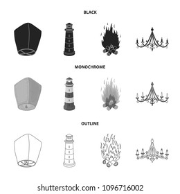 A light lantern, a lighthouse, a fire, a chandelier with candles.Light source set collection icons in black,monochrome,outline style vector symbol stock illustration web.