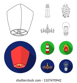 A light lantern, a lighthouse, a fire, a chandelier with candles.Light source set collection icons in outline,flat style vector symbol stock illustration web.