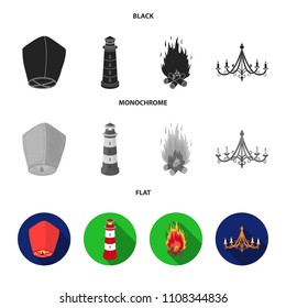 A light lantern, a lighthouse, a fire, a chandelier with candles.Light source set collection icons in black, flat, monochrome style vector symbol stock illustration web.