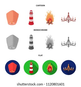 A light lantern, a lighthouse, a fire, a chandelier with candles.Light source set collection icons in cartoon,flat,monochrome style vector symbol stock illustration web.
