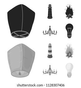 A light lantern, a lighthouse, a fire, a chandelier with candles.Light source set collection icons in black,monochrome style vector symbol stock illustration web.