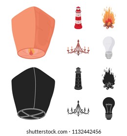 A light lantern, a lighthouse, a fire, a chandelier with candles.Light source set collection icons in cartoon,black style vector symbol stock illustration web.