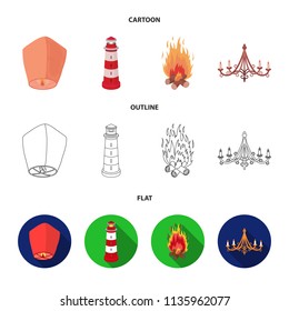 A light lantern, a lighthouse, a fire, a chandelier with candles.Light source set collection icons in cartoon,outline,flat style vector symbol stock illustration web.