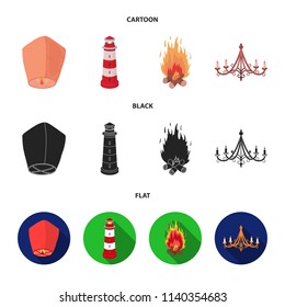 A light lantern, a lighthouse, a fire, a chandelier with candles.Light source set collection icons in cartoon,black,flat style vector symbol stock illustration web.