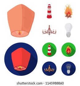 A light lantern, a lighthouse, a fire, a chandelier with candles.Light source set collection icons in cartoon,flat style vector symbol stock illustration web.