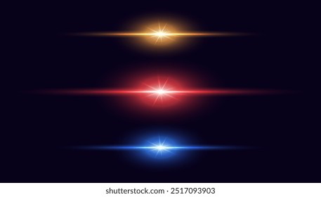 Light laser lines with bright beams. Abstract neon light with flash, glare effect of red, blue, orange color.