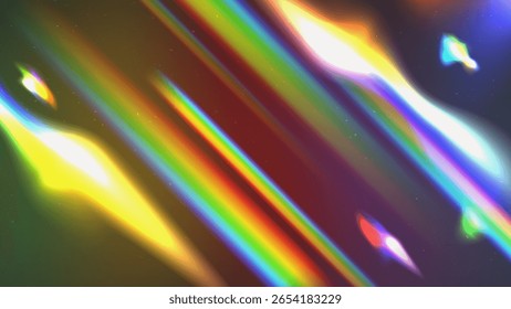 Lichtleckeffekt und Linsenflare-Overlay mit körniger Filmtextur. Abstrakter Hintergrund mit Linsenflare-Effekt und Lichtleck-Overlay. Helle Brechungselemente auf dunklem Hintergrund. Vektorgrafik