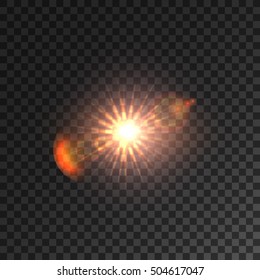 Light lens flare. Shining sun with bokeh effect on transparent background. Golden rays of twinkling star