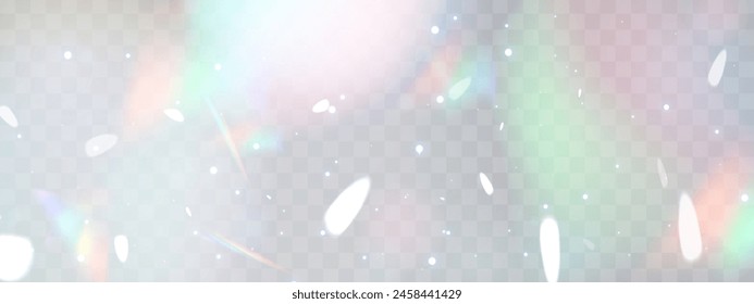 Lichtlinsenprismeneffekt auf transparentem Hintergrund. Überlagerungseffekt der unscharfen Regenbogen-Refraktion. Holografische Reflexion, Kristallflare-Leckschatten-Überlagerung. Abstrakte Vektorgrafik.  