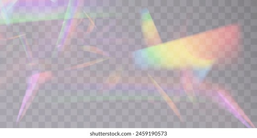 Lichtlinsenprismeneffekt auf einem transparenten Hintergrund. Überlagerungseffekt der unscharfen Regenbogen-Refraktion. Holografische Reflexion, Kristalllichter, Schattenüberlagerung. Vektorgrafik