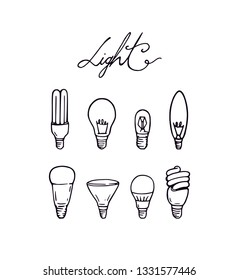Light letters and lightbulb and energy saving lamp design black outline vector illustration set collection simple arranged. Lamp symbol different shape decoration and light letters text word tittle.
