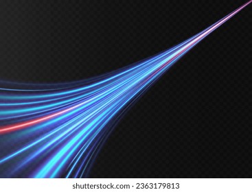 Light line effect blue neon glow flare wave glowing shiny speed lines effect vector background. Speed curve shine light line blue.