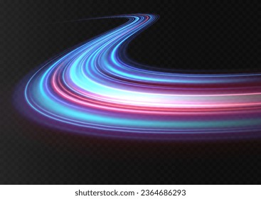 Light line effect blue neon glow flare wave glowing shiny speed lines effect vector background. Speed curve shine light line blue.
