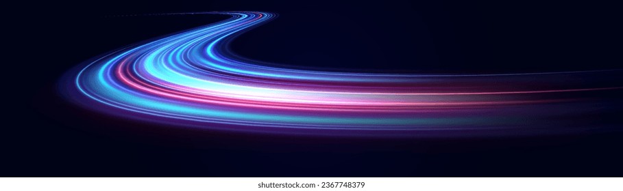 Light line effect blue neon glow flare wave glowing shiny speed lines effect vector background. Speed curve shine light line blue.