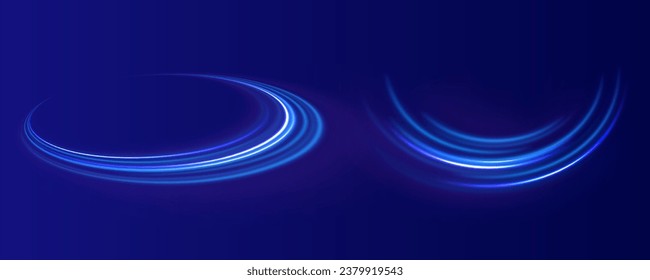 Light line effect blue neon glow flare wave glowing shiny speed lines effect vector background. Semicircular wave, light vortex wake. Bright circle. Set of abstract light lines of movement and speed.