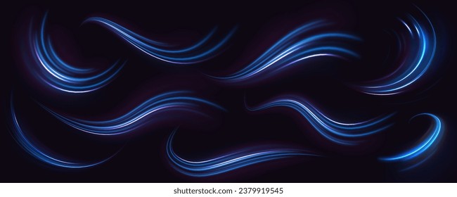 Light line effect blue neon glow flare wave glowing shiny speed lines effect vector background. Semicircular wave, light vortex wake. Bright circle. Set of abstract light lines of movement and speed.