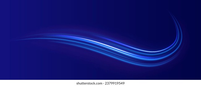 Light line effect blue neon glow flare wave glowing shiny speed lines effect vector background. Semicircular wave, light vortex wake. Bright circle. Set of abstract light lines of movement and speed.