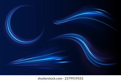 Light line effect blue neon glow flare wave glowing shiny speed lines effect vector background. Semicircular wave, light vortex wake. Bright circle. Set of abstract light lines of movement and speed.